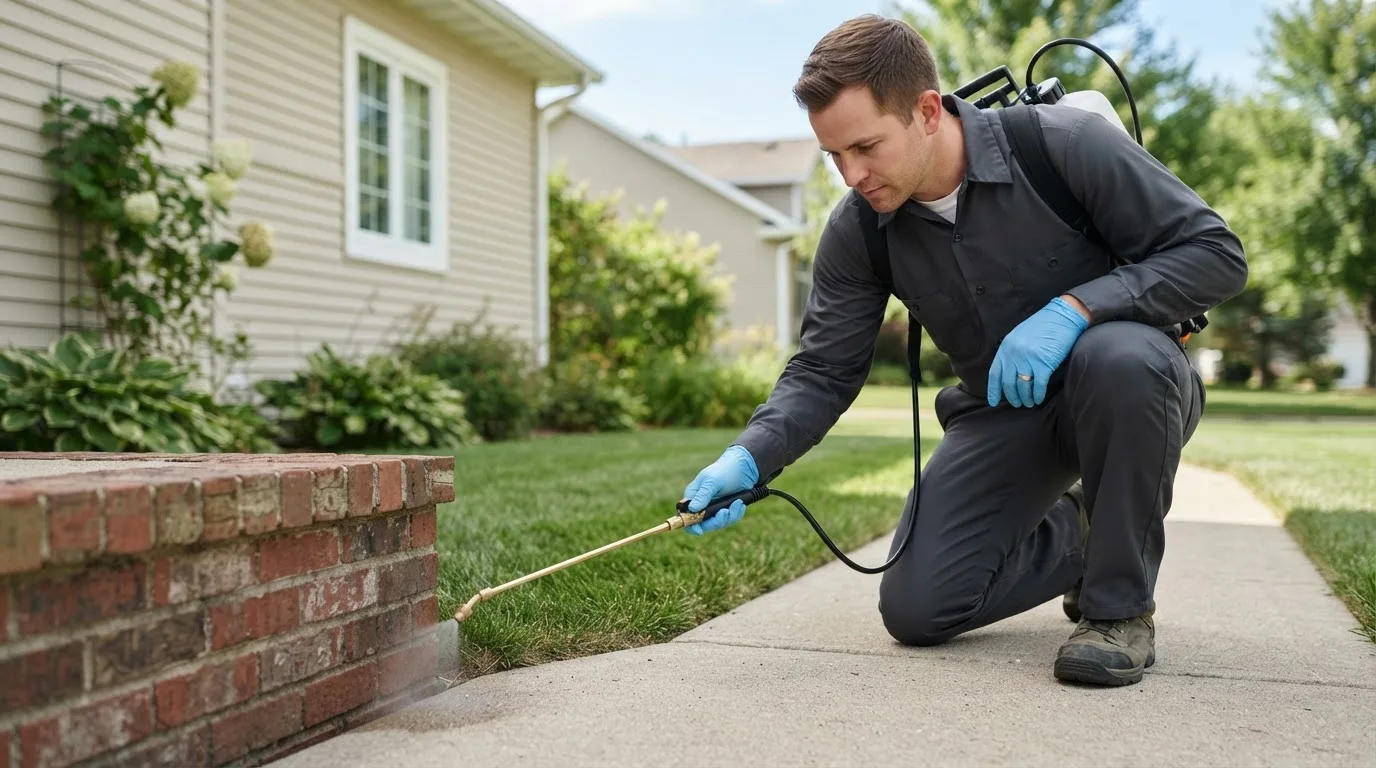 Pest control technician treating a home near Chesterhill, OH