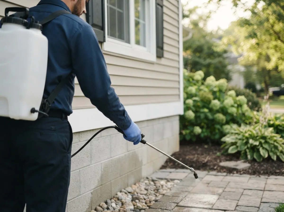 Pest control technician inspecting a home in Chesterhill, OH